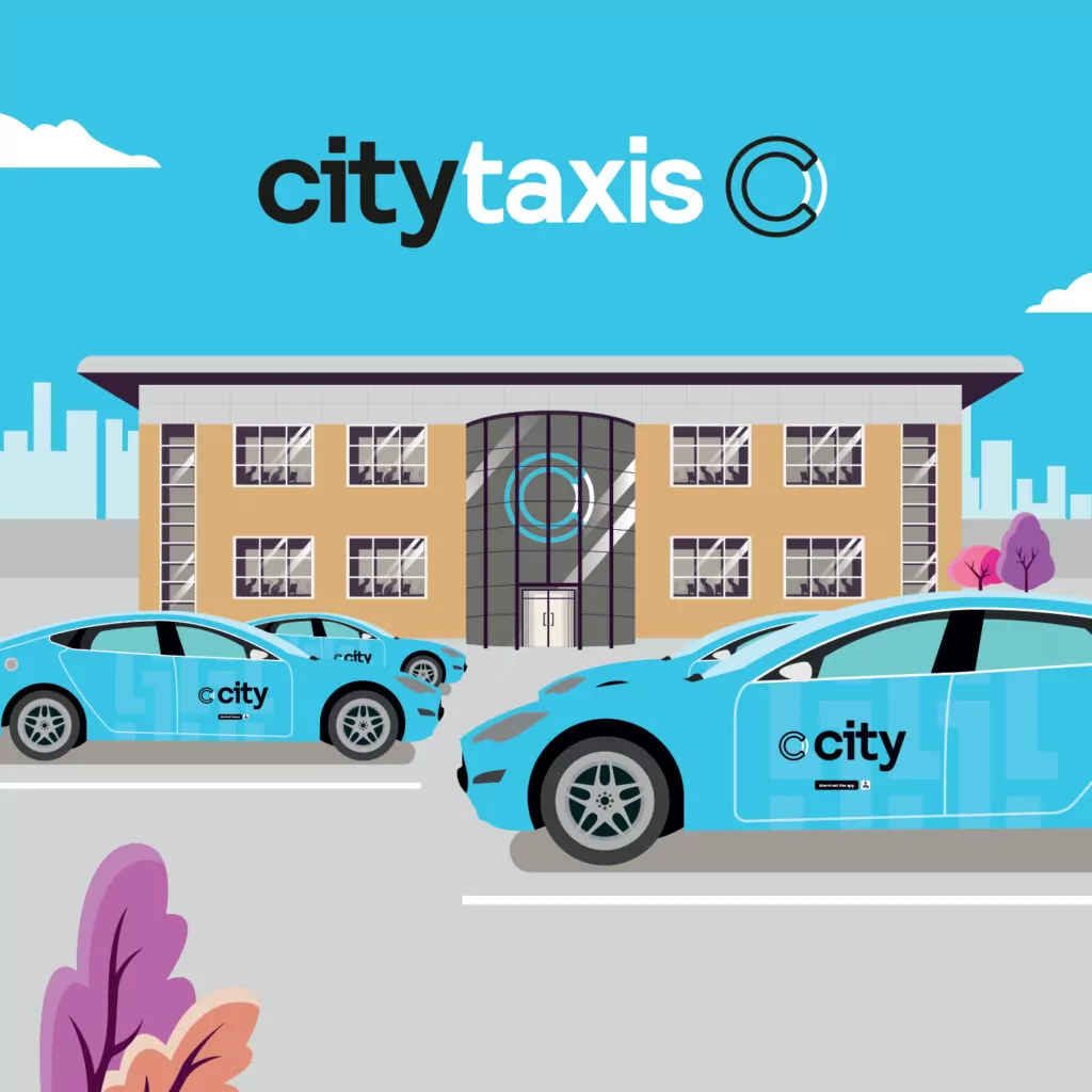 a square illustration of city taxis headquarter with two taxis outside