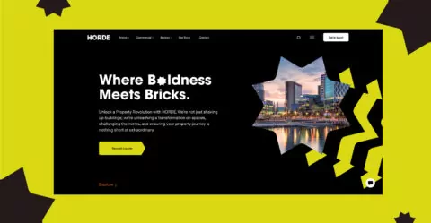 The Horde home page is displayed with the text 'Where boldness meets bricks' prominently featured. there is a lime green border with black stars.