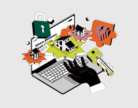 An illustration of a laptop with graphics of locks, keys, houses and flats.