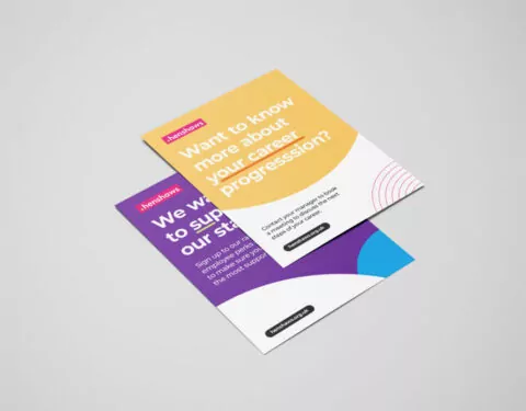 Two flyers advertise career progression support. One features yellow and orange; the other, purple and blue. Both promise employee support and include contact information.