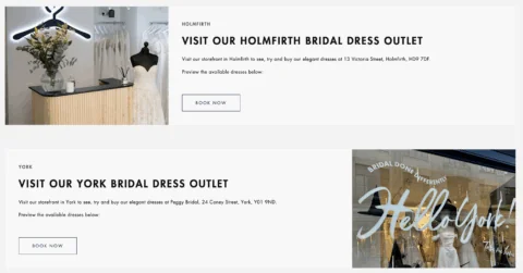 A screenshot from Peggy Bridal's website showing the links to the two new local landing pages created by Fishtank.